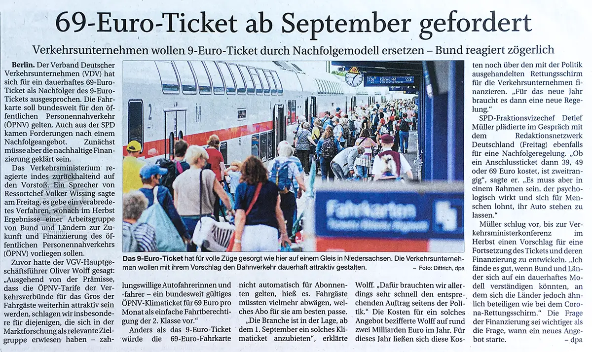 Presseberichte 2022, 69-Euro-Ticket ab September gefordert
